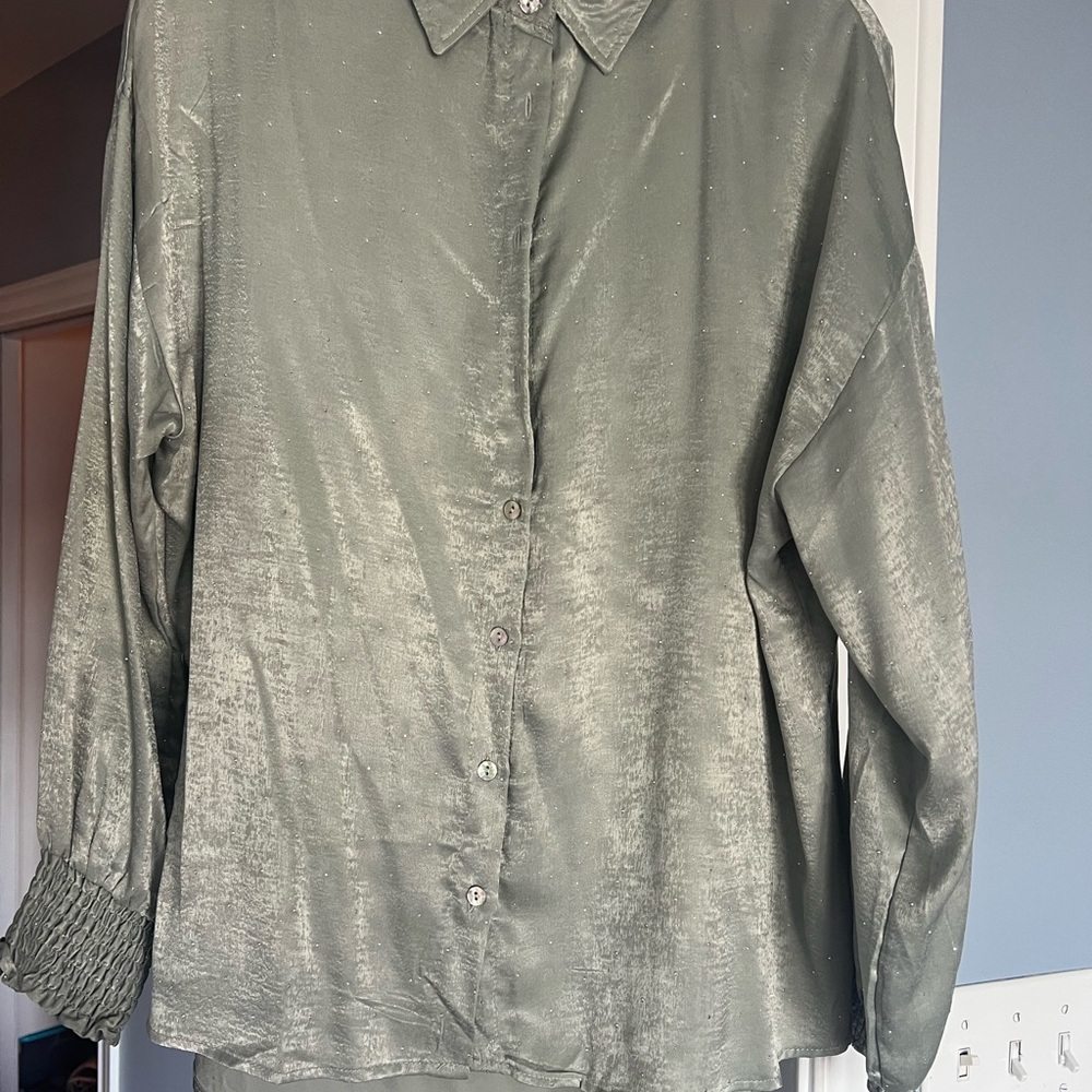 Light green Satin Button-Up Women's Top with sequins